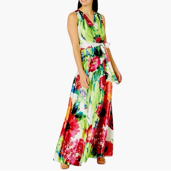 Tahari Dresses & Skirts - NWT TAHARIA ASL Floral Print Matte Satin Maxi Floral Dress in Lime Fuchsia 2